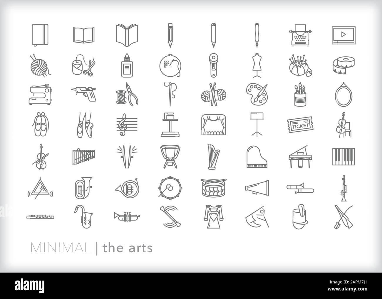 Set of more than 50 education arts line icons of music, writing, literature, drawing, painting, craft, dance, orchestra, jazz, symphony Stock Vector