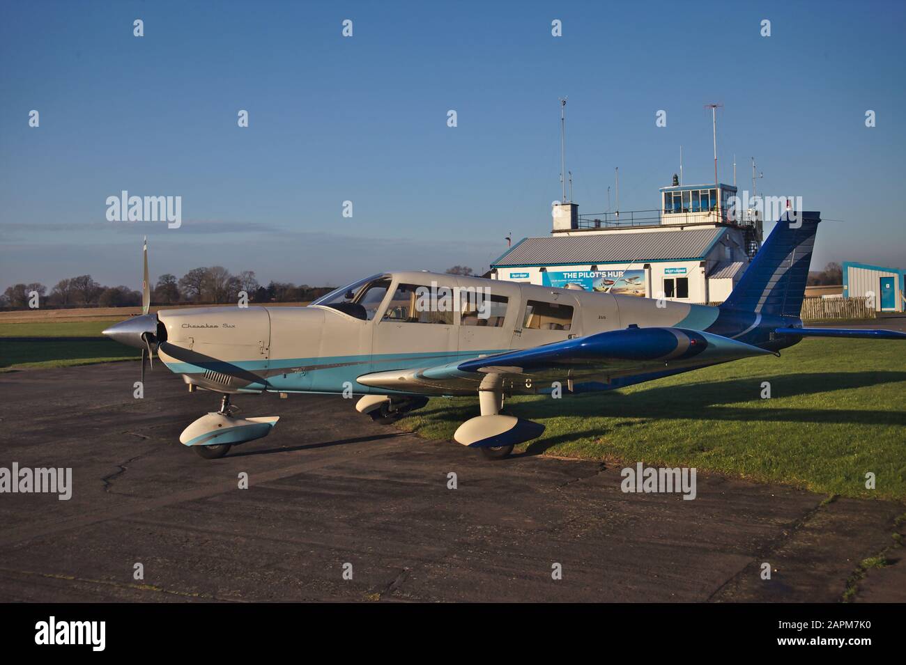 Light aircraft parked on tarmac. Wolverhampton Halfpenny Green Airport. South Staffordshire. UK Stock Photo