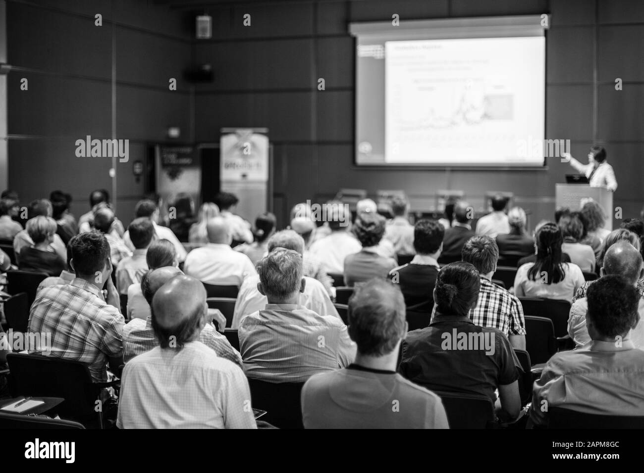 Audience in the lecture hall attending scientific business conference ...