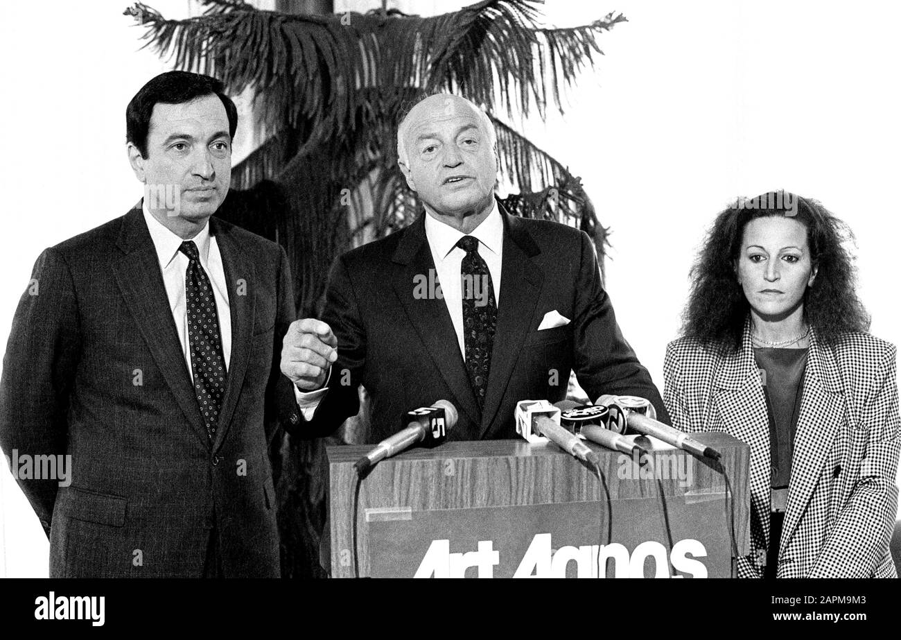 former San Francisco Mayor Joe Alioto speaking and his daughter Angela support Art Agnos (left) for Mayor. Stock Photo