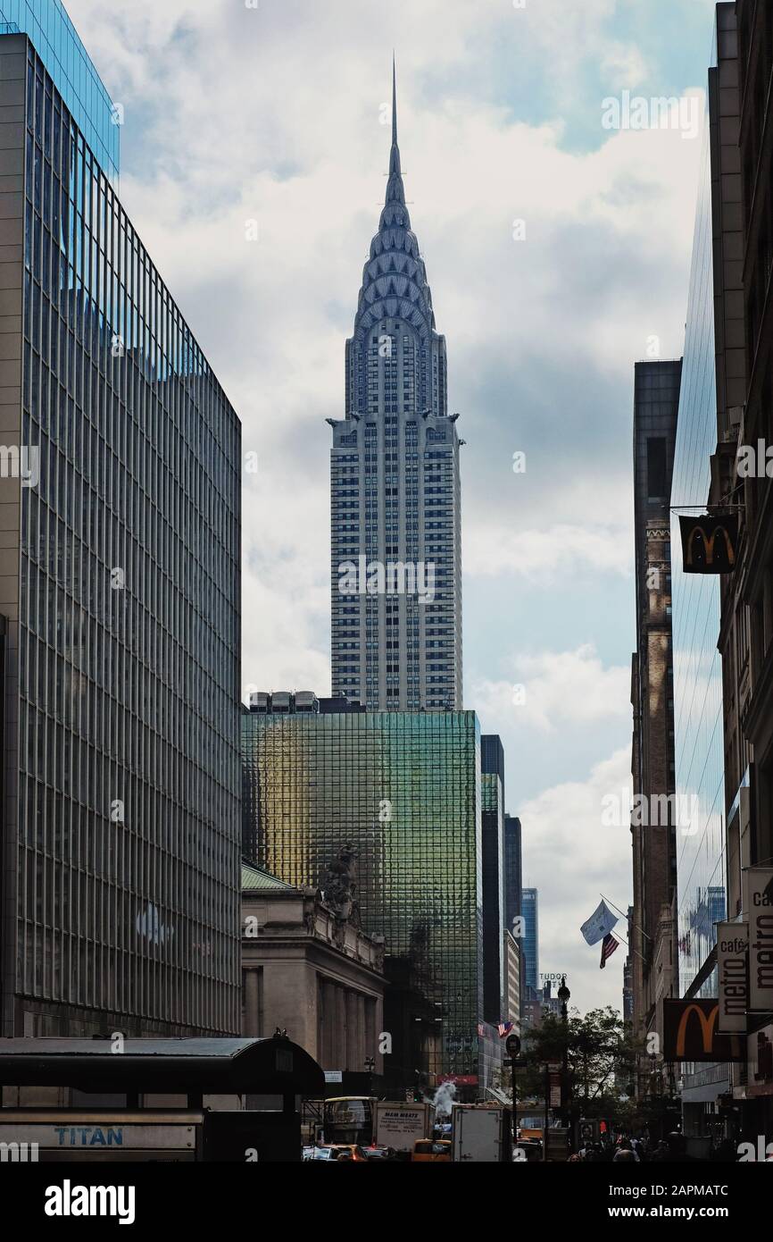 The shimmering metal and glass Chrysler Building, an American Art Deco skyscraper, 42nst street with Grand Central Station Manhattan, New York City Stock Photo