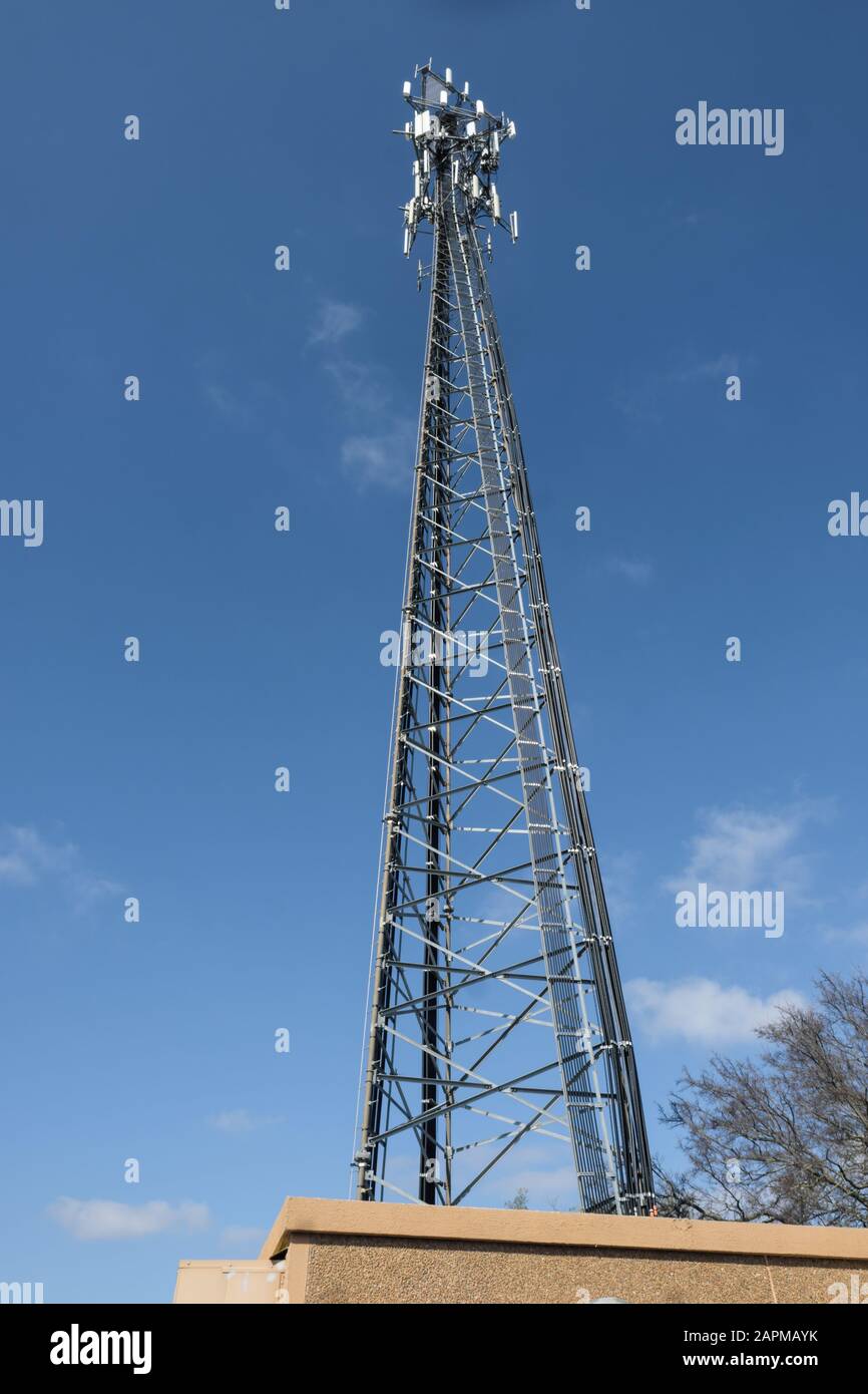 Large mobile phone cellular communications tower near Georgetown, Texas. Stock Photo