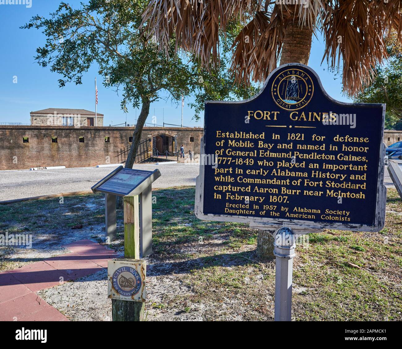 Front entrance sign to historic or historical Fort Gaines where the battle of Mobile Bay was fought, on Dauphin Island Alabama, USA Stock Photo