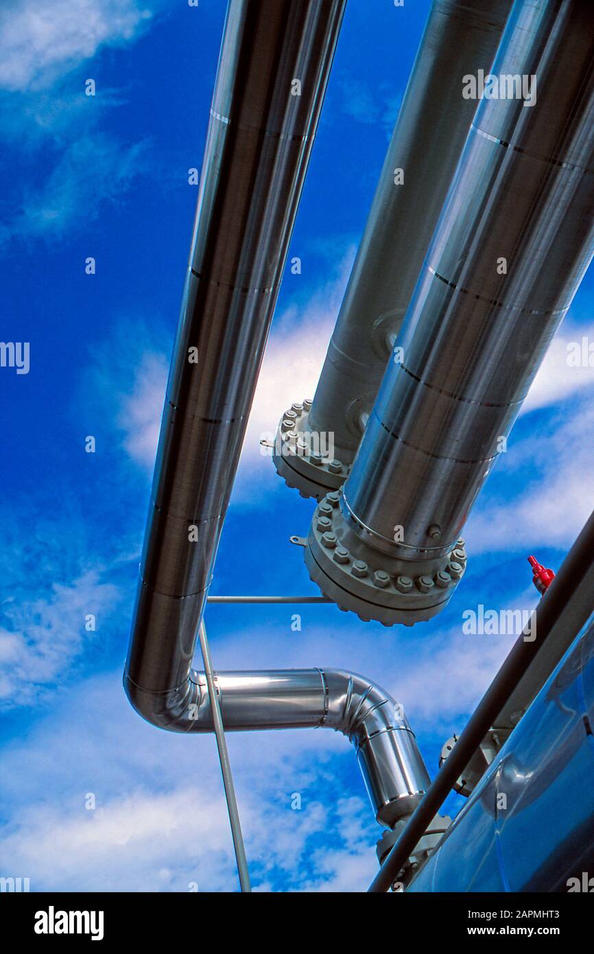 A new petrochemical refinery process plant under construction close-up detail Stock Photo
