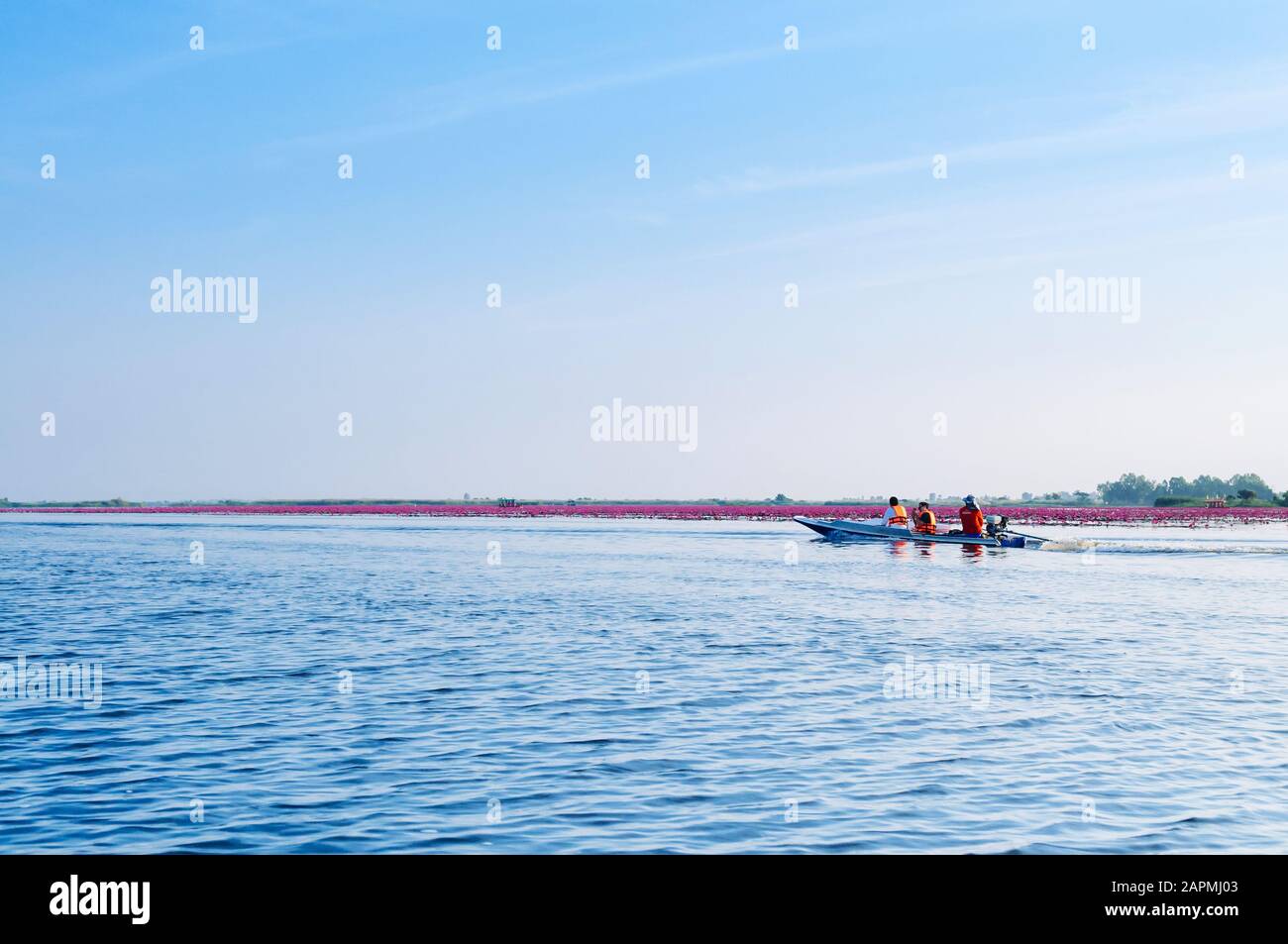 JAN 13, 2019 Udonthani, Thailand - Thai long tail boat with tourist in peaceful Nong Harn lake, Udonthani - Thailand. Wooden boat under beautiful morn Stock Photo