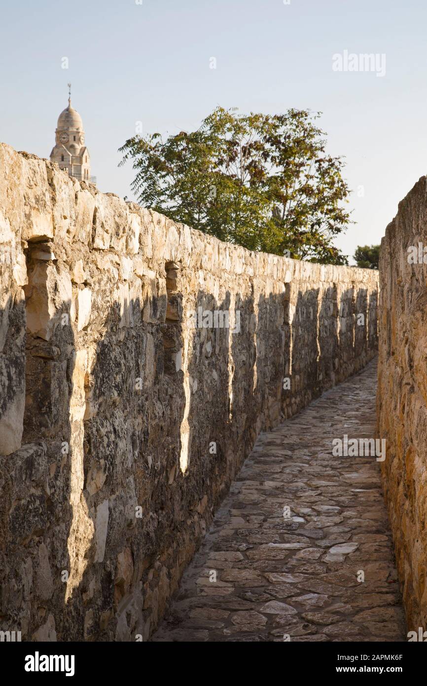 Parapet along the wall surrounding the Armenian quarter of the old city of Jerusalem, part of the rampart walk Stock Photo