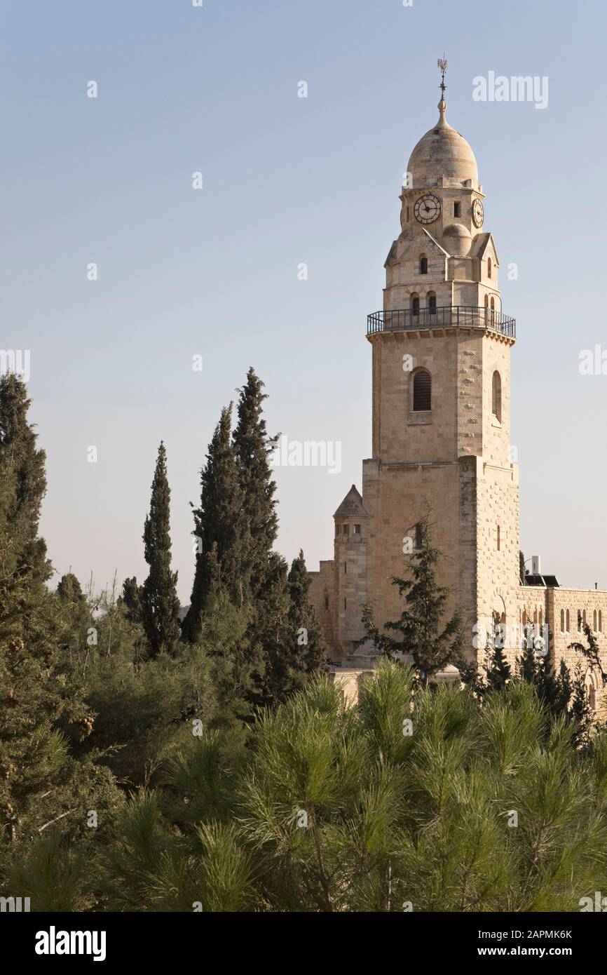 Bell Tower Of Dormition Church in East Jerusalem Stock Photo