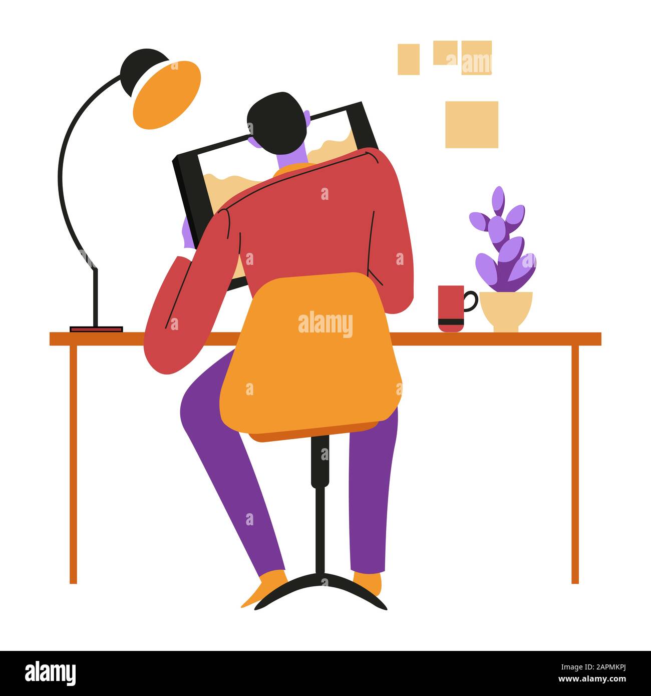 Illustrator or designer drawing on tablet or pad, isolated character Stock Vector