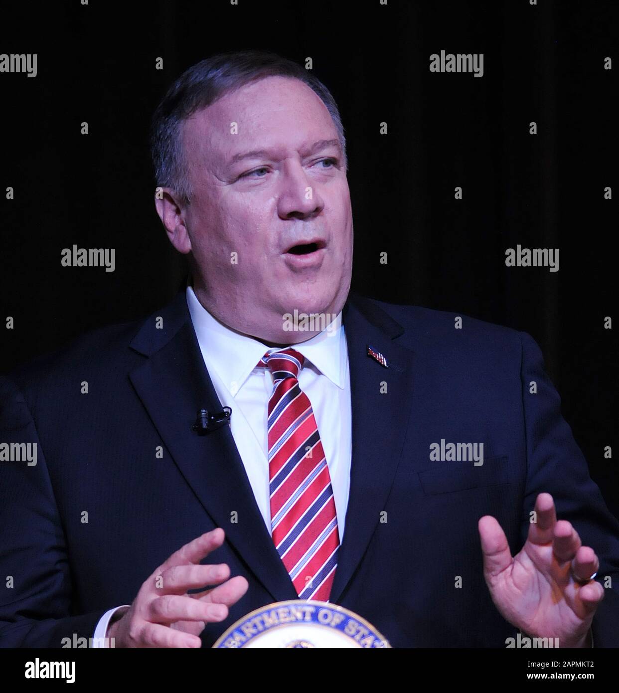 United States Secretary of State Mike Pompeo delivers remarks on U.S. foreign policy at the Sumter County Fairgrounds. Stock Photo