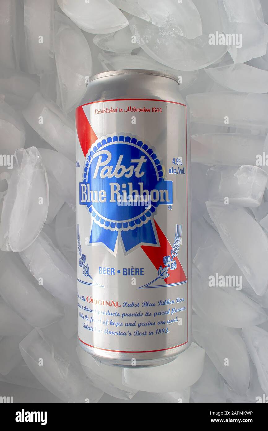 Calgary Alberta Canada. Jan 23 2020. A Pabst Blue Ribbon tall can beer on white background Stock Photo