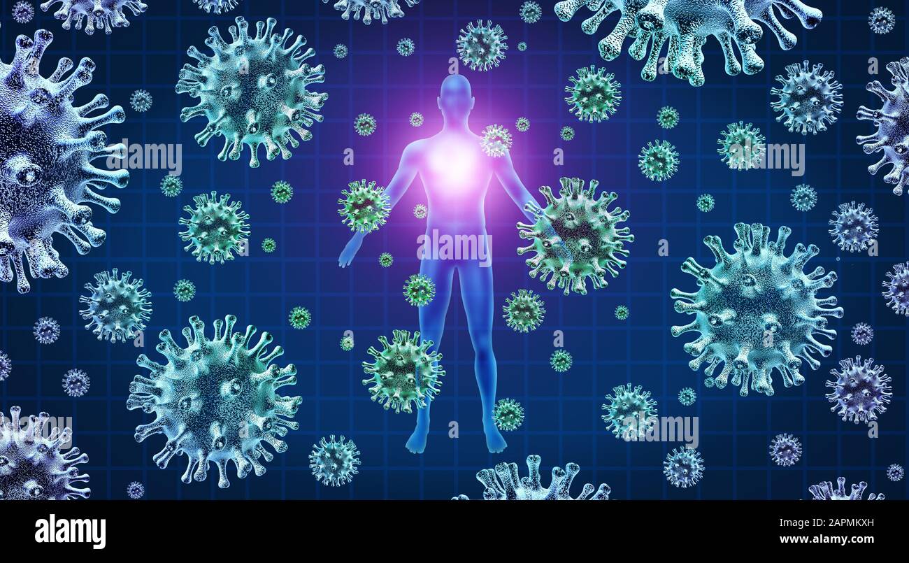 Respiratory virus infection and coronavirus outbreak and coronaviruses influenza background as dangerous flu strain cases or SARS as a pandemic. Stock Photo