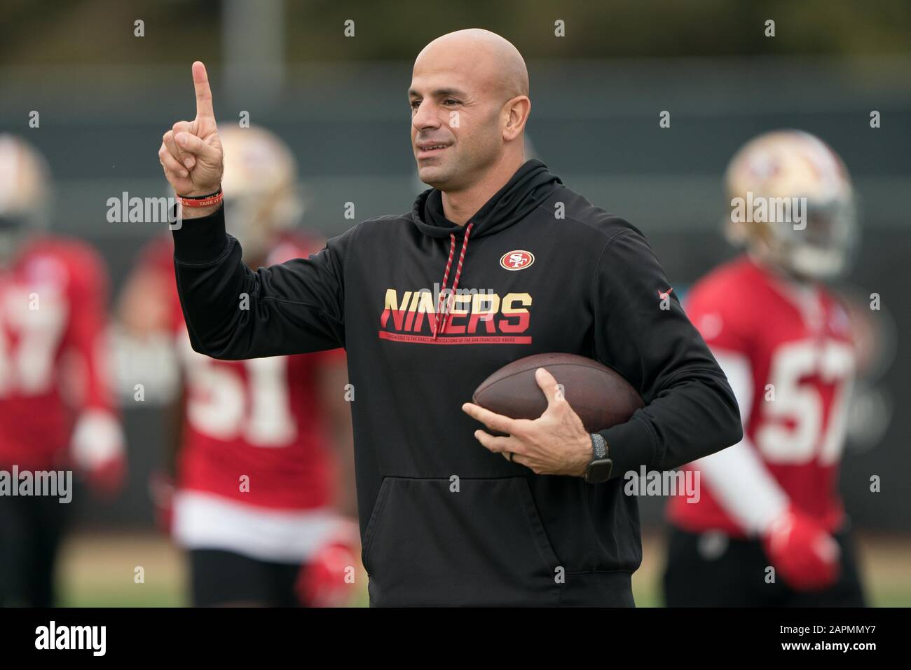 Santa Clara, California, USA. 23rd Jan, 2020. San Francisco 49ers defensive  coordinator Robert Saleh signals during practice in preparation for the  Super Bowl LIV at the SAP Performance Center, Friday, Jan. 23,