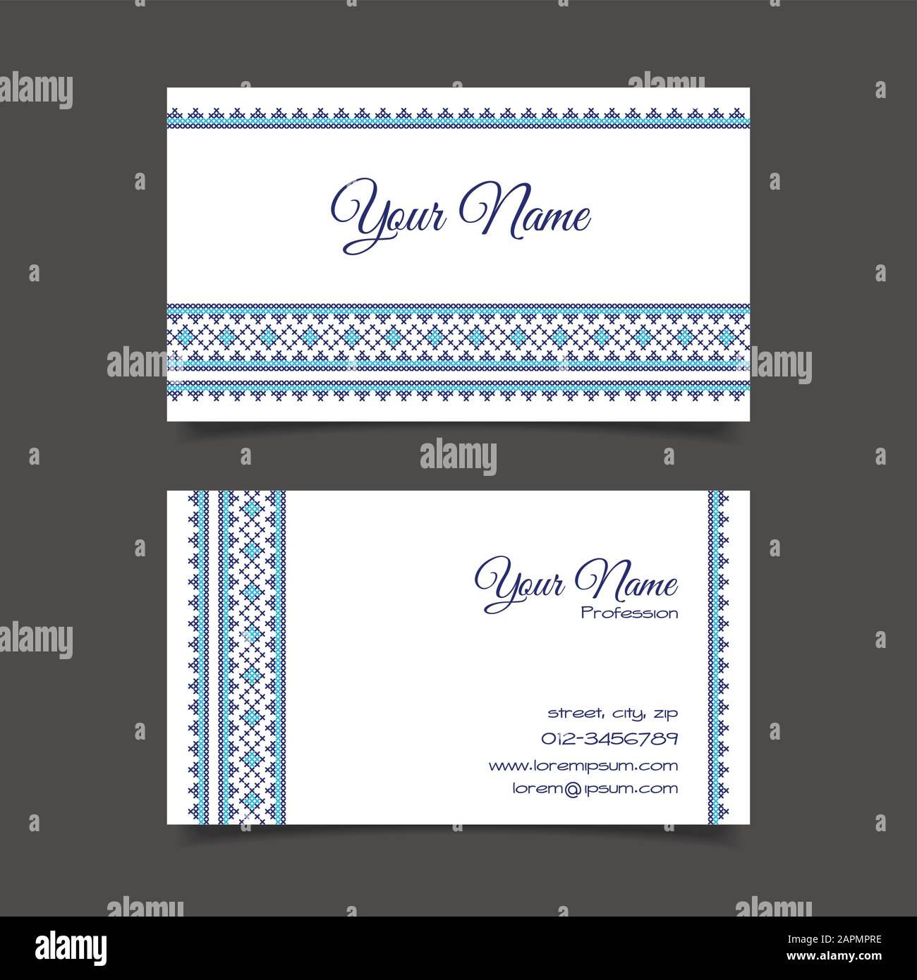 Business card template with stylish crossstitch pattern Stock Vector