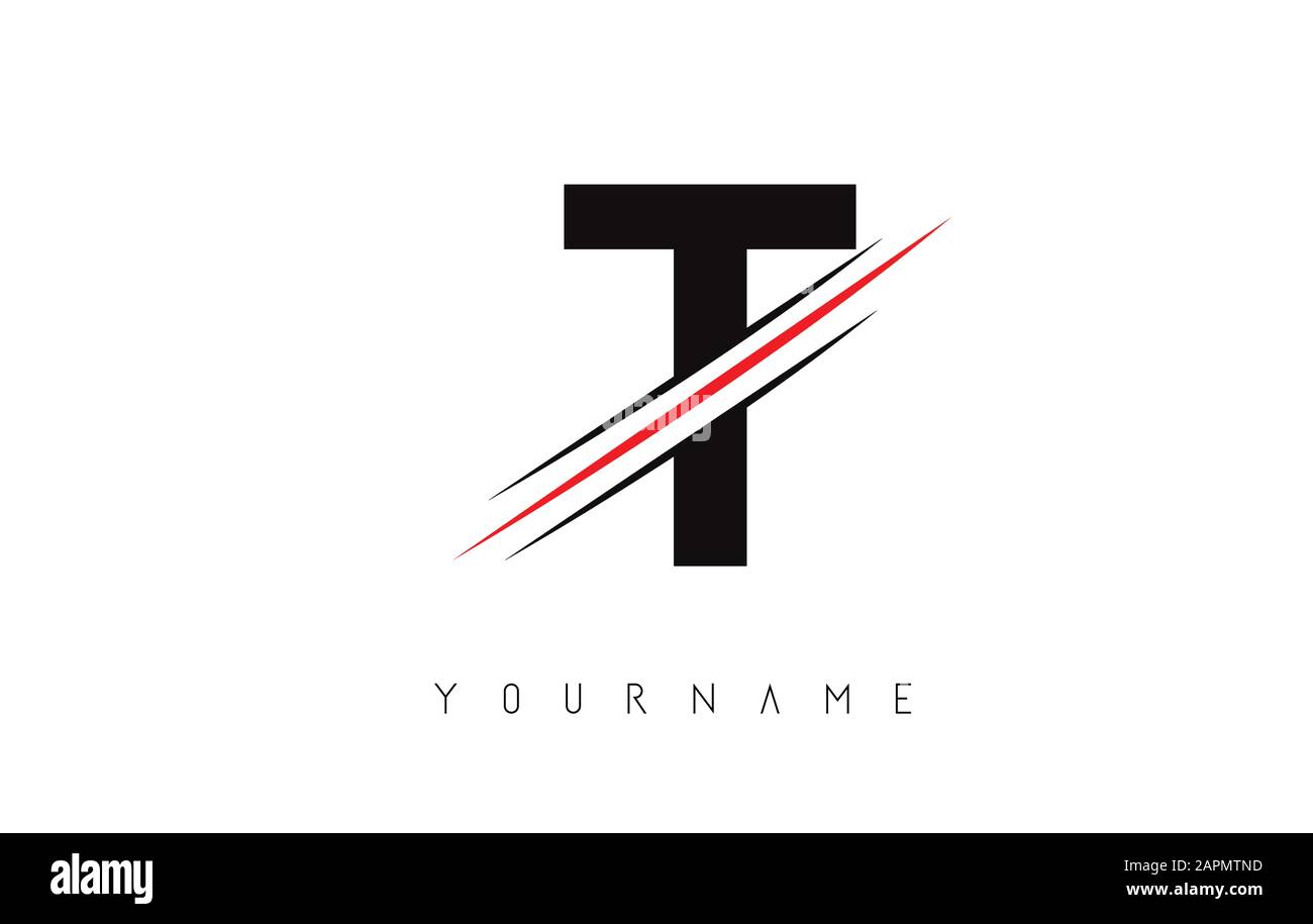 T Letter Logo Design cutted in the middle with a red line and with