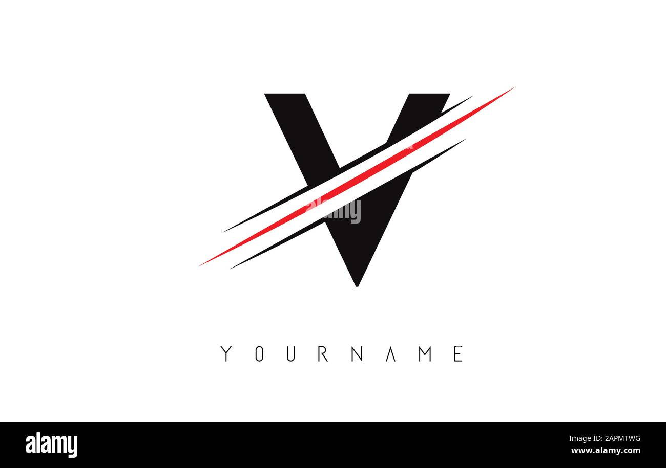V Letter Logo Design cutted in the middle with a red line and with sharp edges.  Creative logo design. Fashion icon design template. Stock Vector