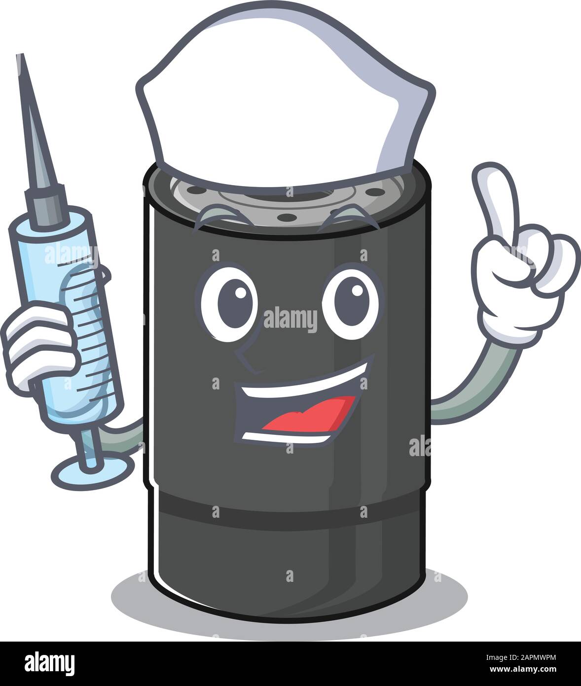 Smiley Nurse oil filter cartoon character with a syringe Stock Vector