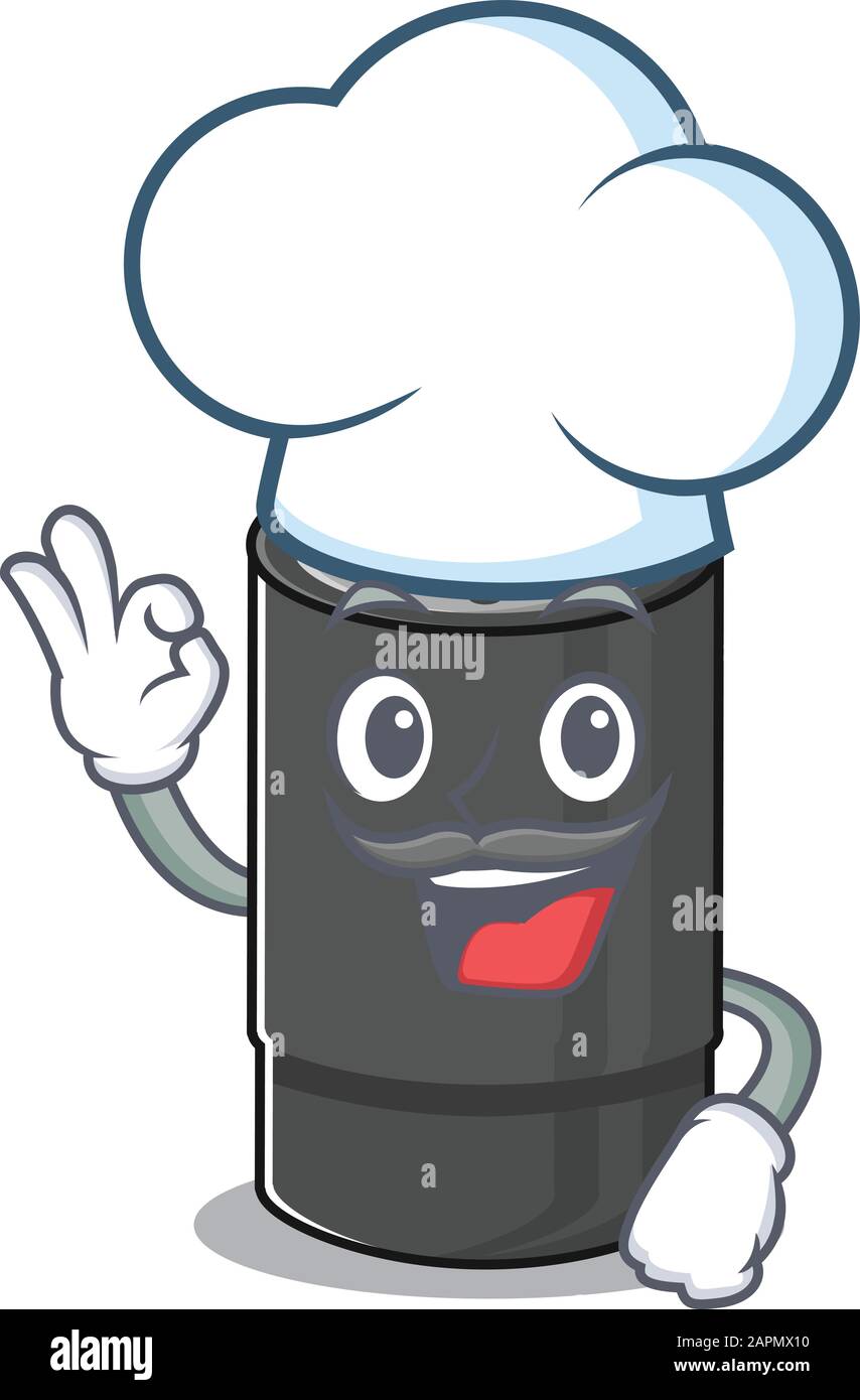 Oil filter cartoon character wearing costume of chef and white hat