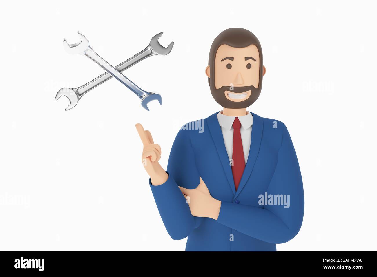 Cartoon character, businessman in suit with pointing finger at wrench. Concept icon with wrench, service. 3d rendering Stock Photo