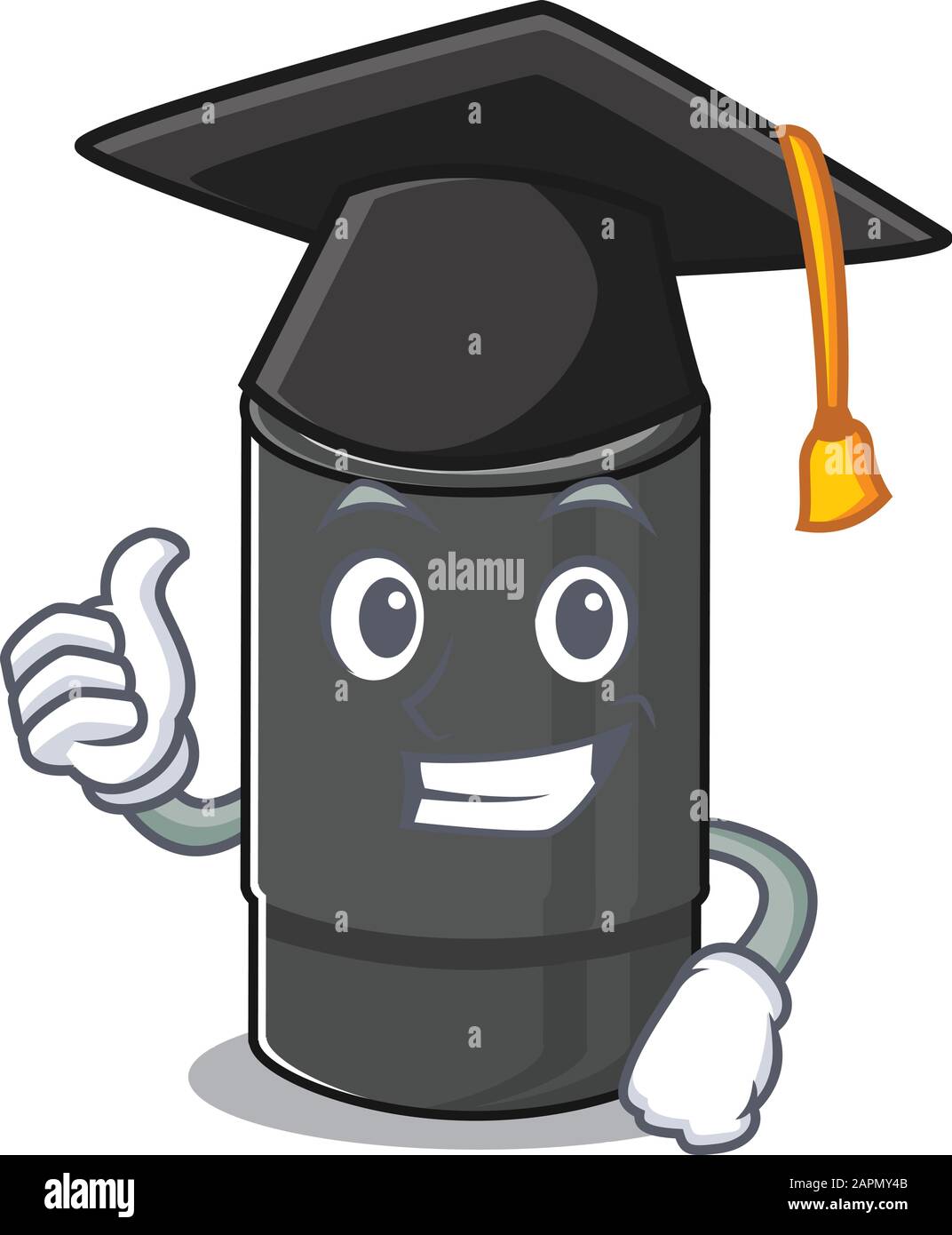 happy and proud of oil filter wearing a black Graduation hat Stock