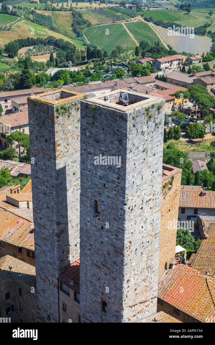 Salvucci Towers in San Gimignano, Italy. Stock Photo