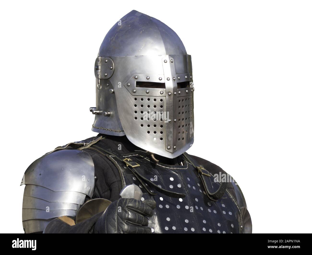 Portuguese medieval knight with a helmet isolated on a white background Stock Photo