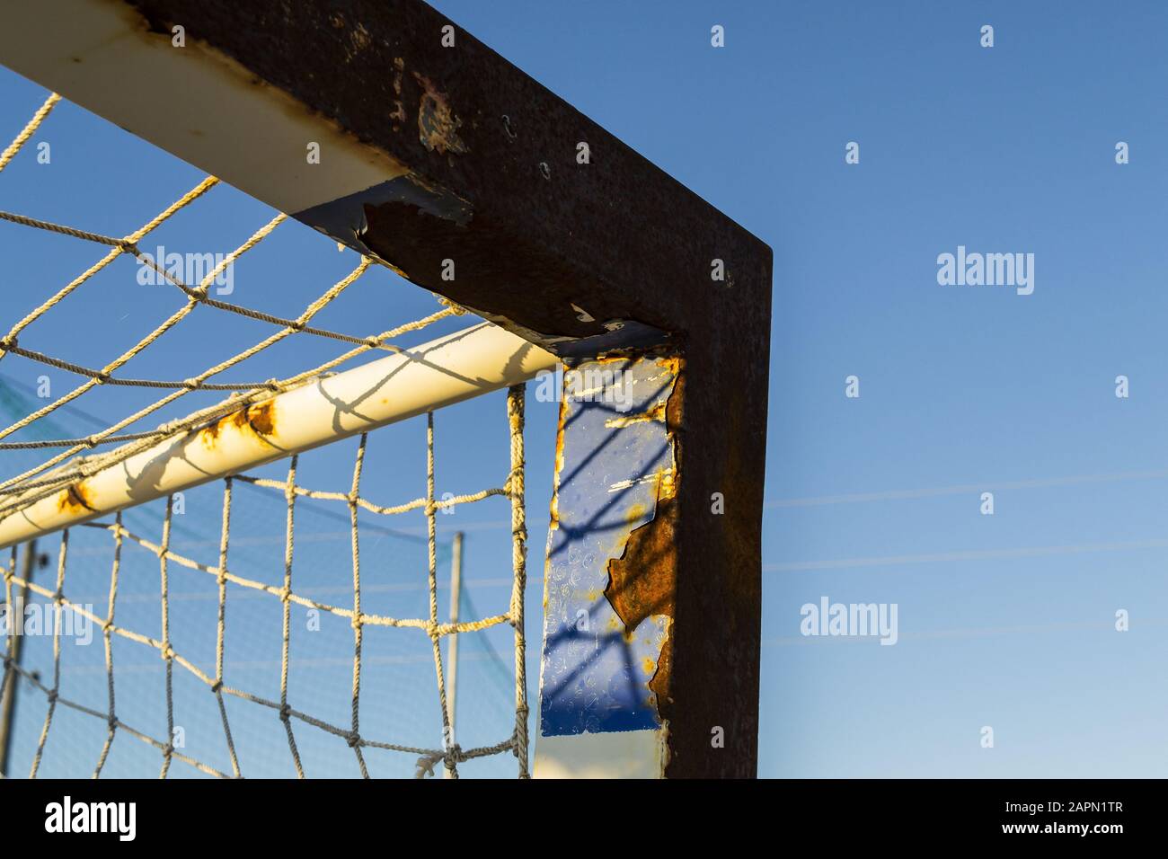 Closeup shot of the top corner of a rusted soccer goal Stock Photo Alamy
