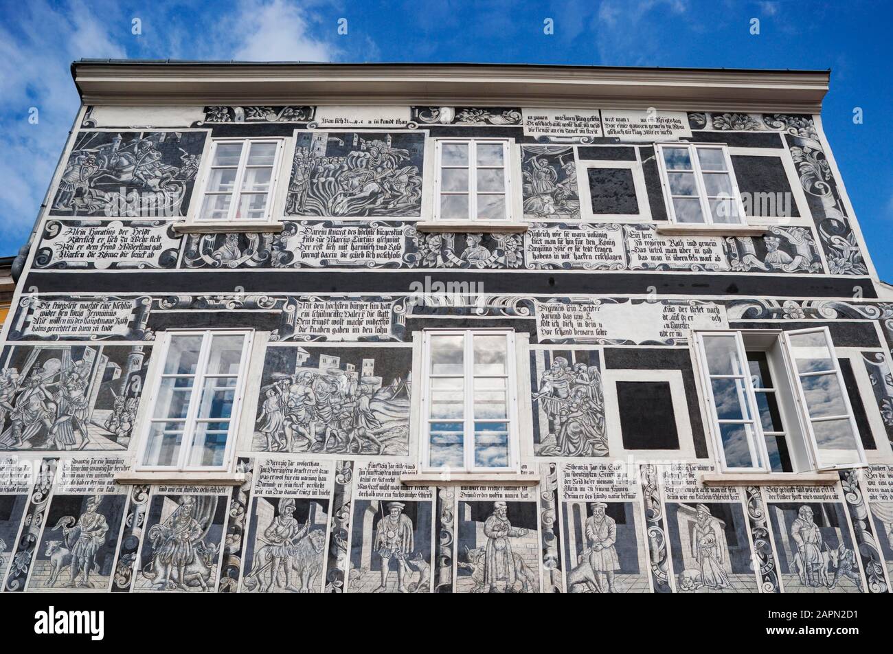 House facade with wall painting from the Renaissance period, sgraffito house, main square, Weitra, Waldviertel, Lower Austria, Austria Stock Photo