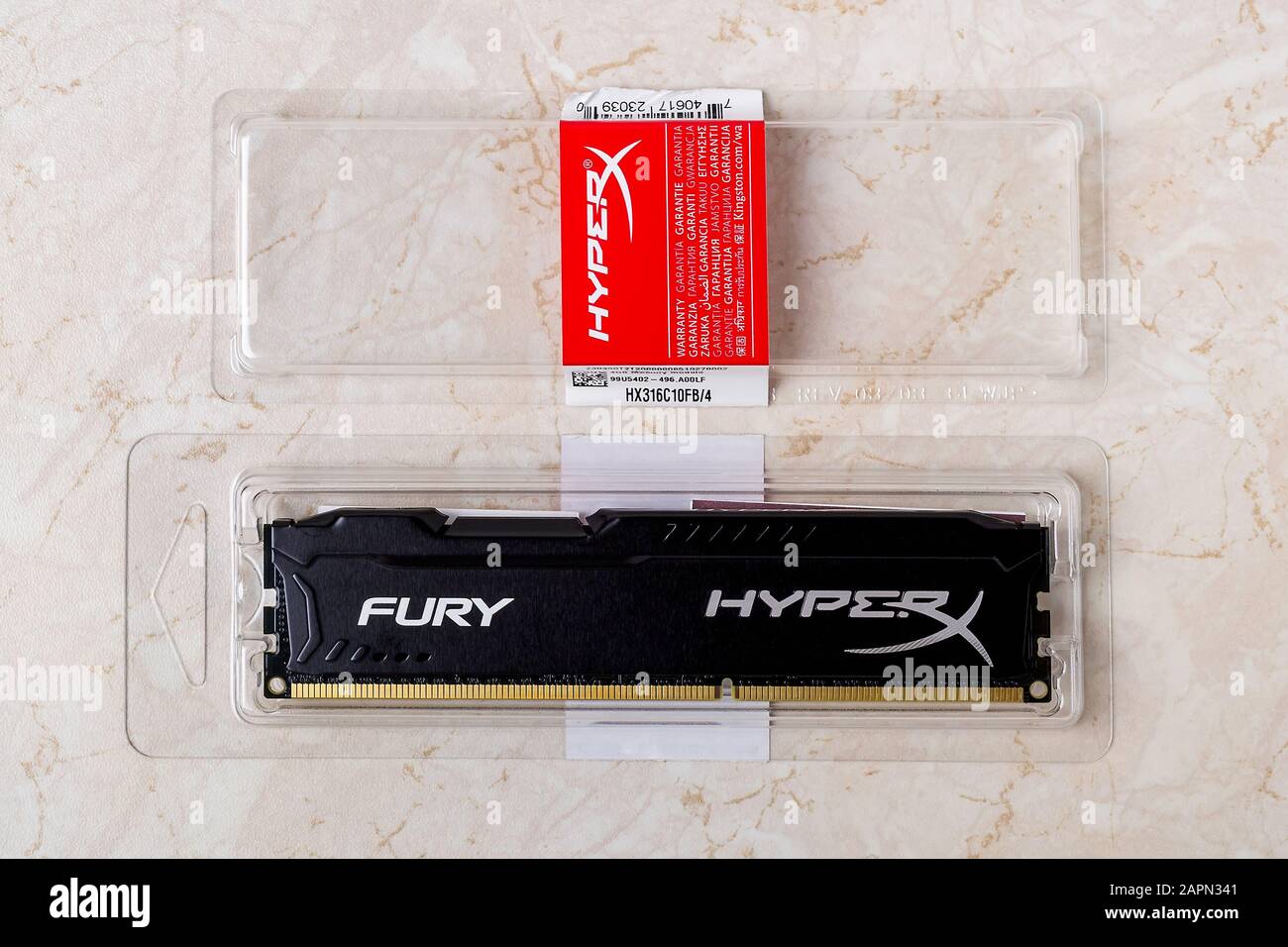 Varna, Bulgaria, January 23, 2020. One RAM Kingston Fury memory module in an opened box. DIMM DDR 3 Kingston HyperX Fury top view. Stock Photo