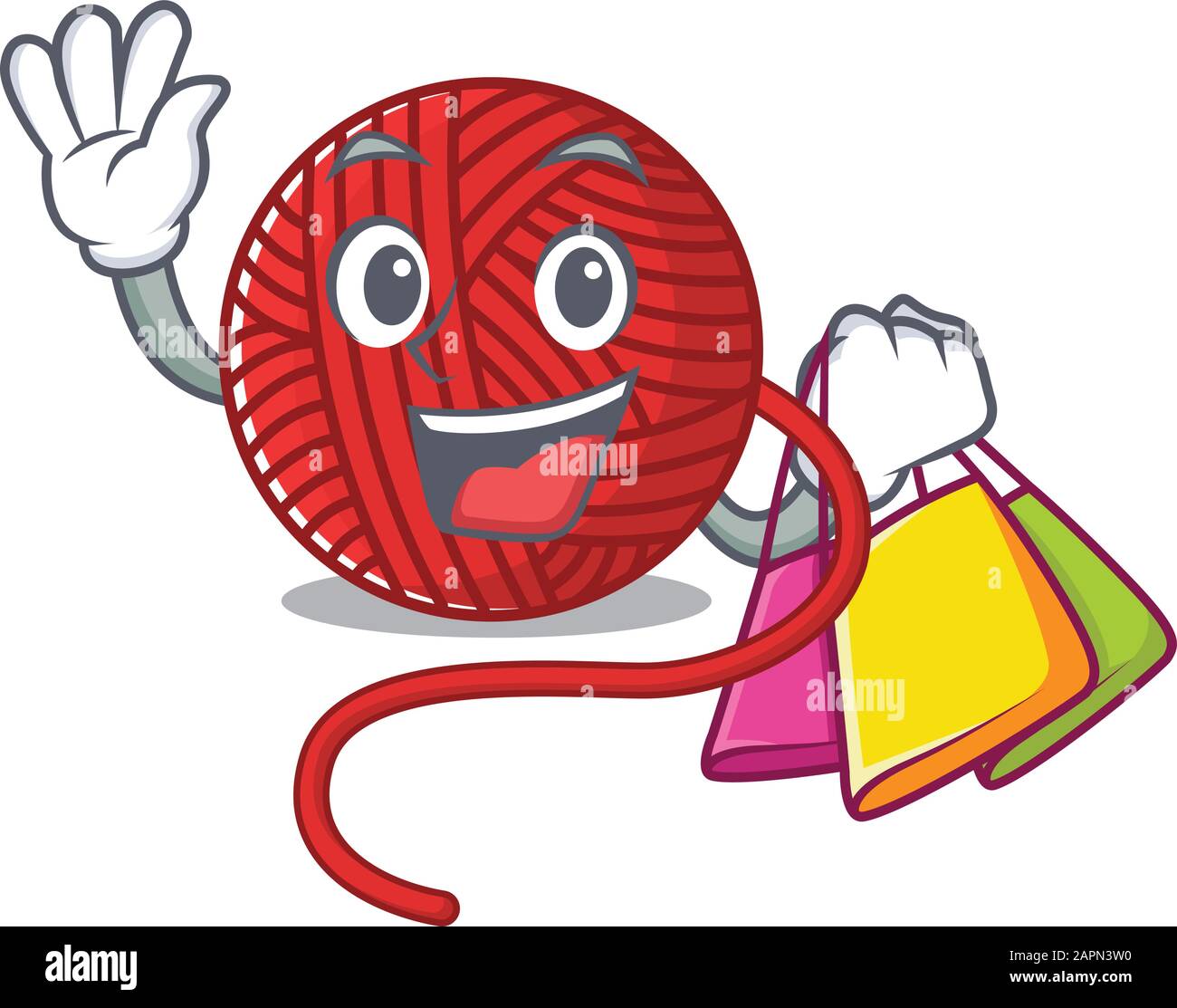 A happy rich red wool yarn waving and holding Shopping bag Stock Vector
