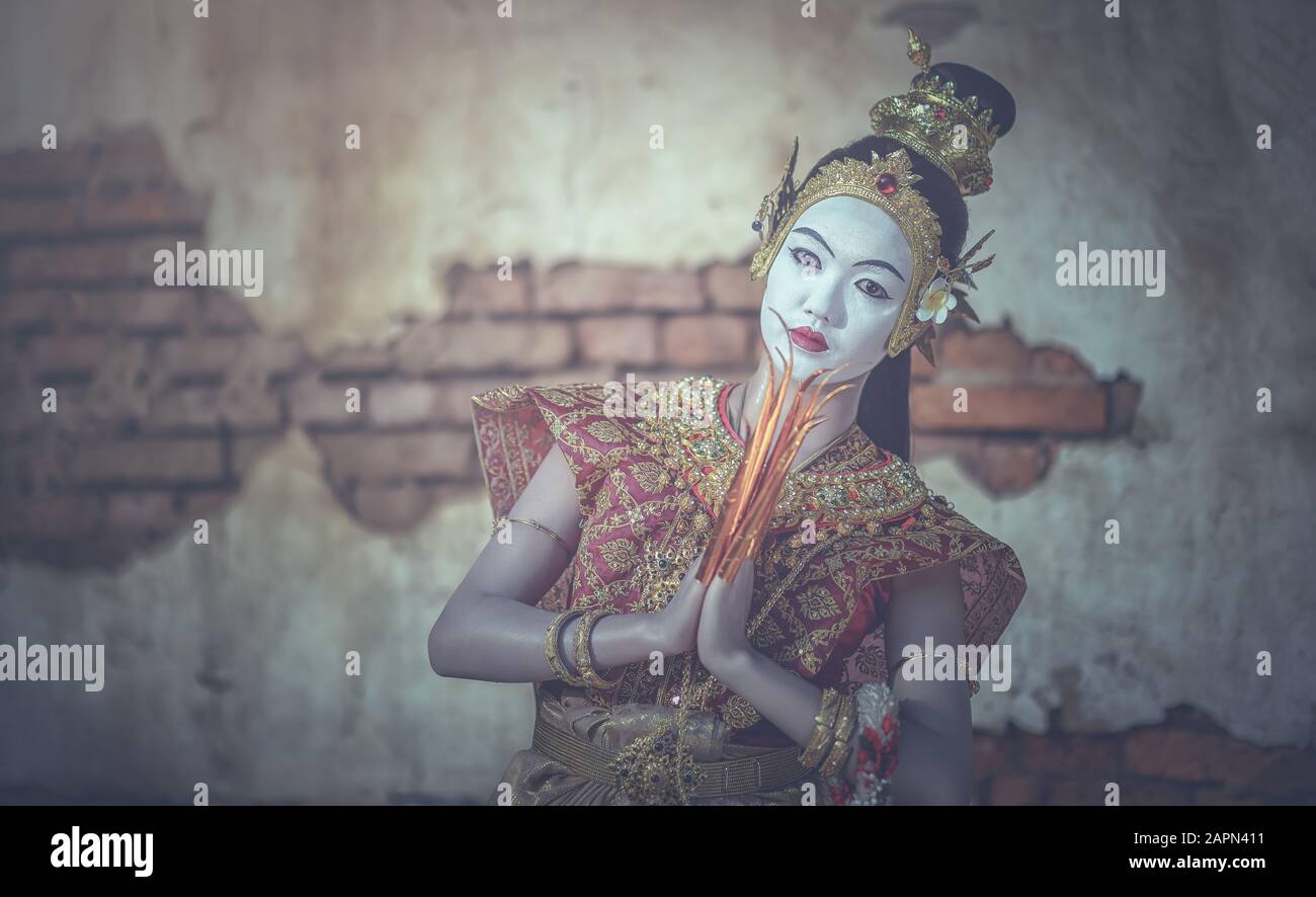 Portrait of Thai woman dancing art culture Stock Photo