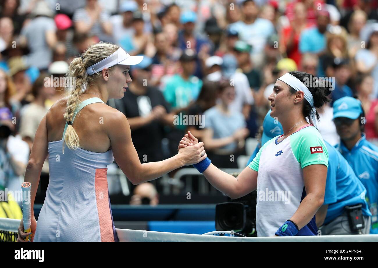 Melbourne, Australia. 24th Jan, 2020. Caroline Wozniacki (L) of Denmark  greets Ons Jabeur of Tunisia after their women's singles third round match  at the 2020 Australian Open tennis tournament in Melbourne, Australia,