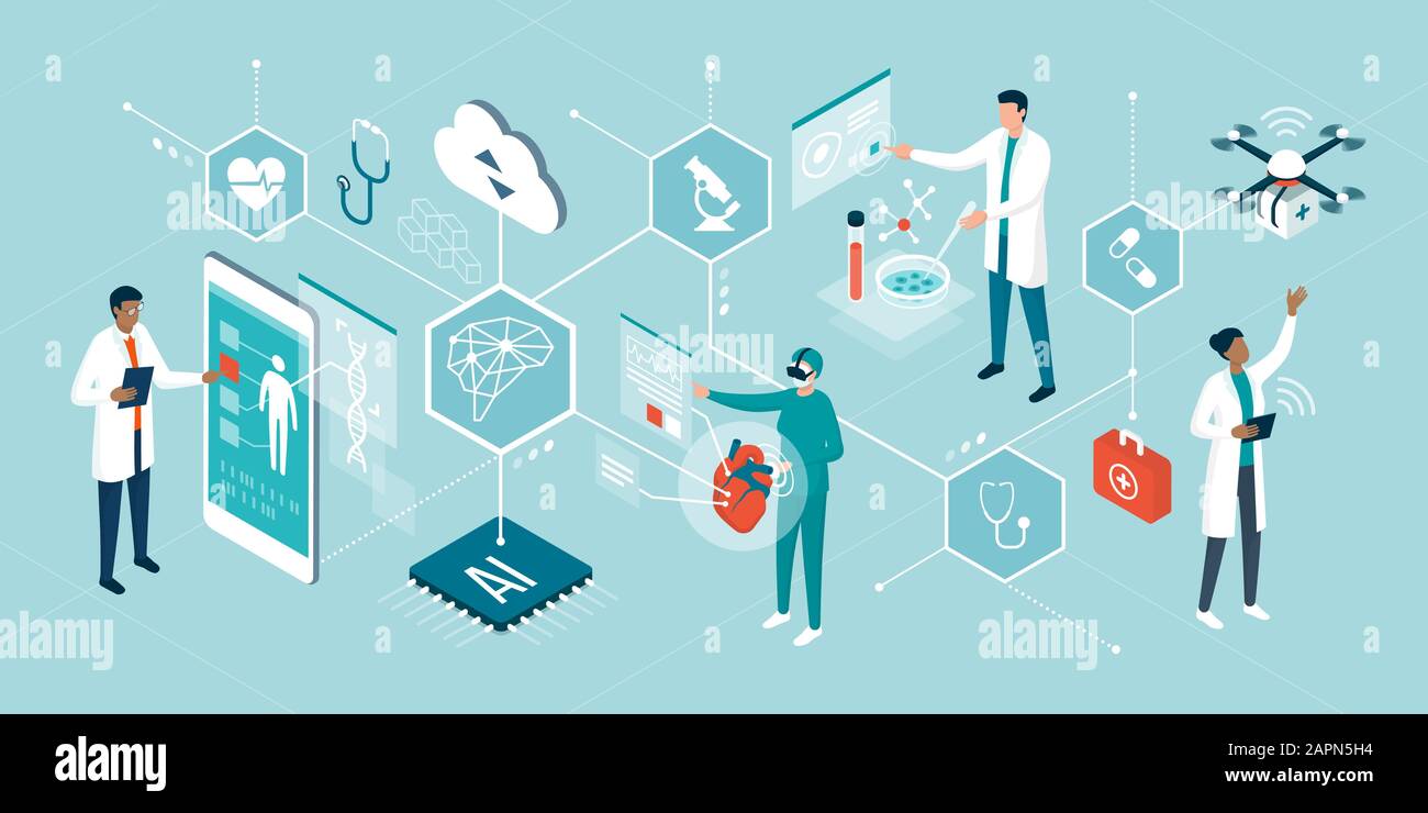Doctors and researchers using innovative technologies for medicine and healthcare: artificial intelligence, virtual reality, drones, stem cells and di Stock Vector