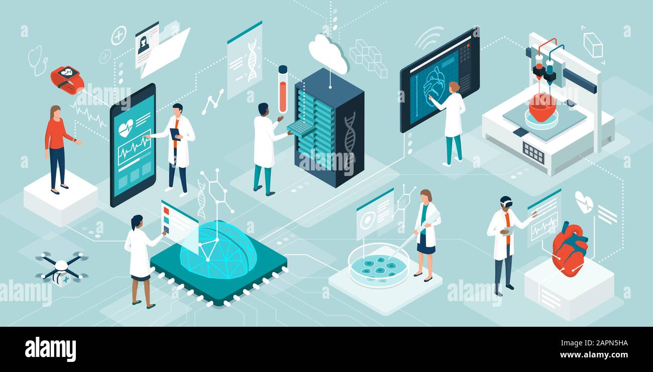 Doctors and researchers using innovative technologies for medicine and healthcare: medical wearables, AI, 3D printed and digital organs, stem cells an Stock Vector