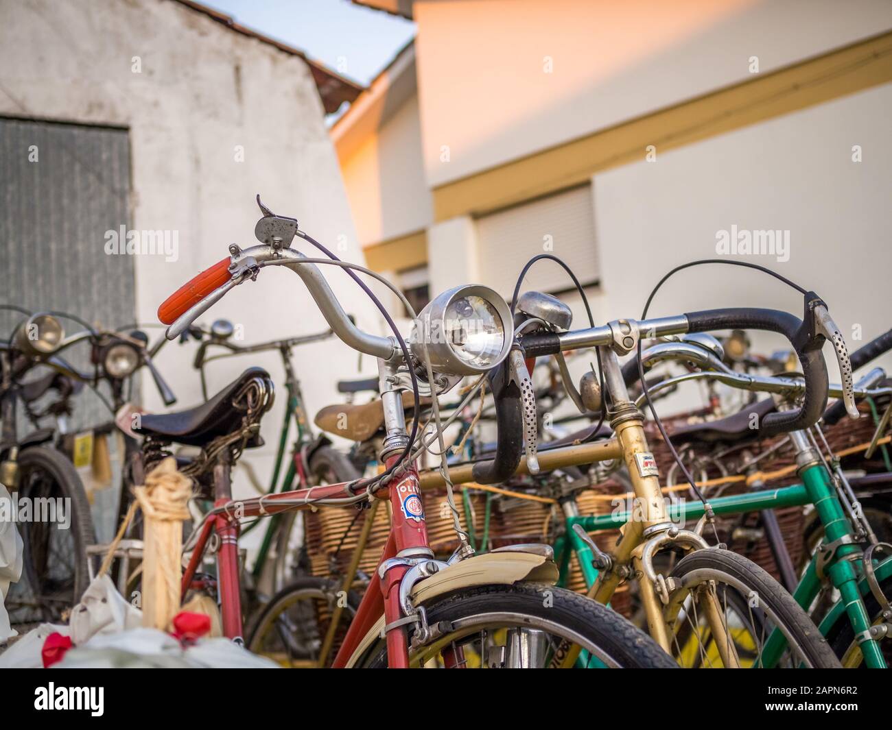 ALCOBAçA, PORTUGAL - Aug 19, 2018: Huge vintage bicycle parking. Many people use bicycles daily in European cities. Stock Photo