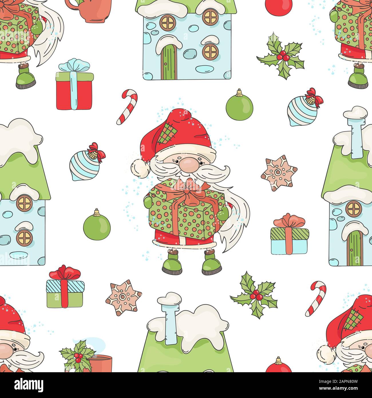 SANTA GIFT Cheerful Santa Claus Carries Huge Gift Box Surrounded New Year Decorations To Winter Holiday Seamless Pattern Vector Illustration For Print Stock Vector