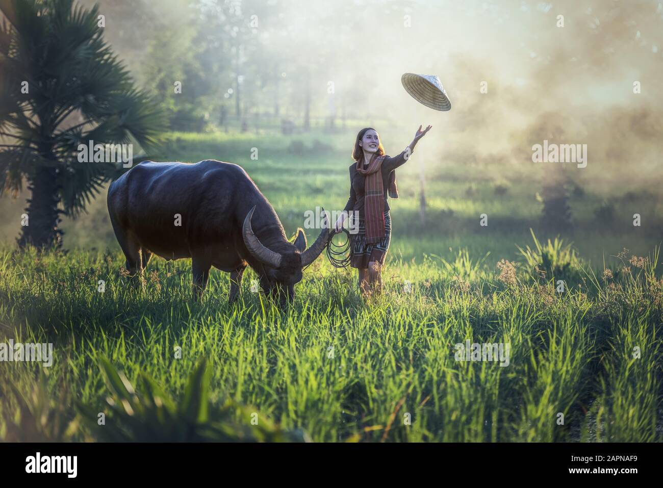 Portrait of Thai young woman farmer with buffalo, Thailand countryside Stock Photo