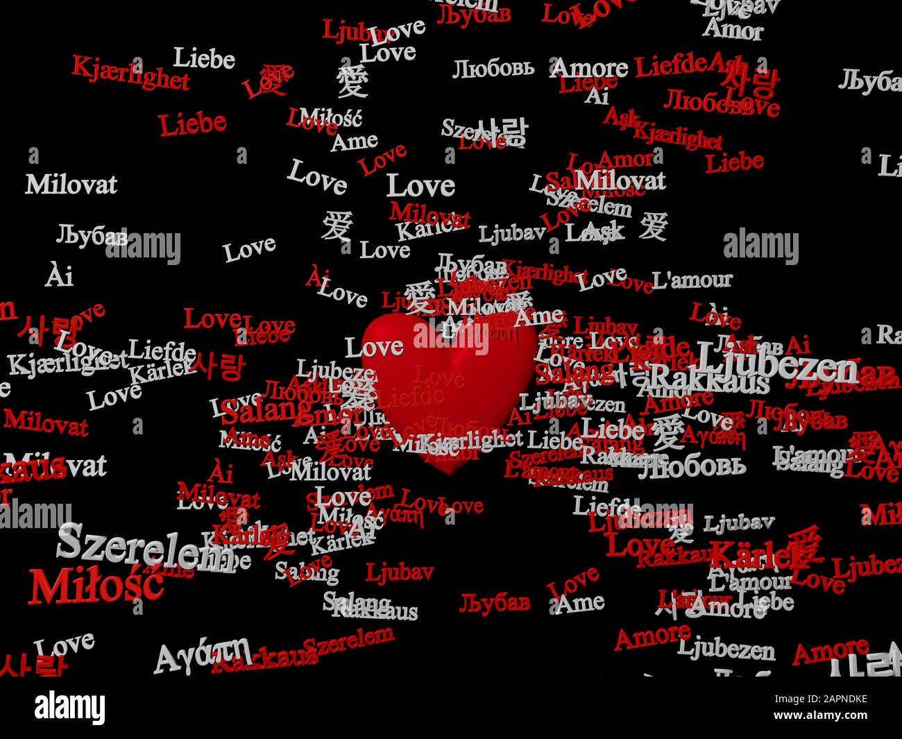 CG of red heart figure spreading red and white words “Love” in different languages, on black background. Stock Photo