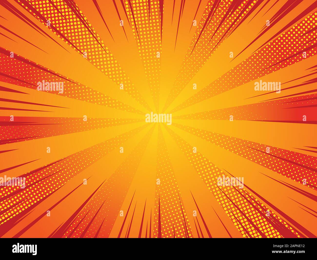 Comic pop art background speed lines halftone dots. Vector illustration on red background. Stock Vector