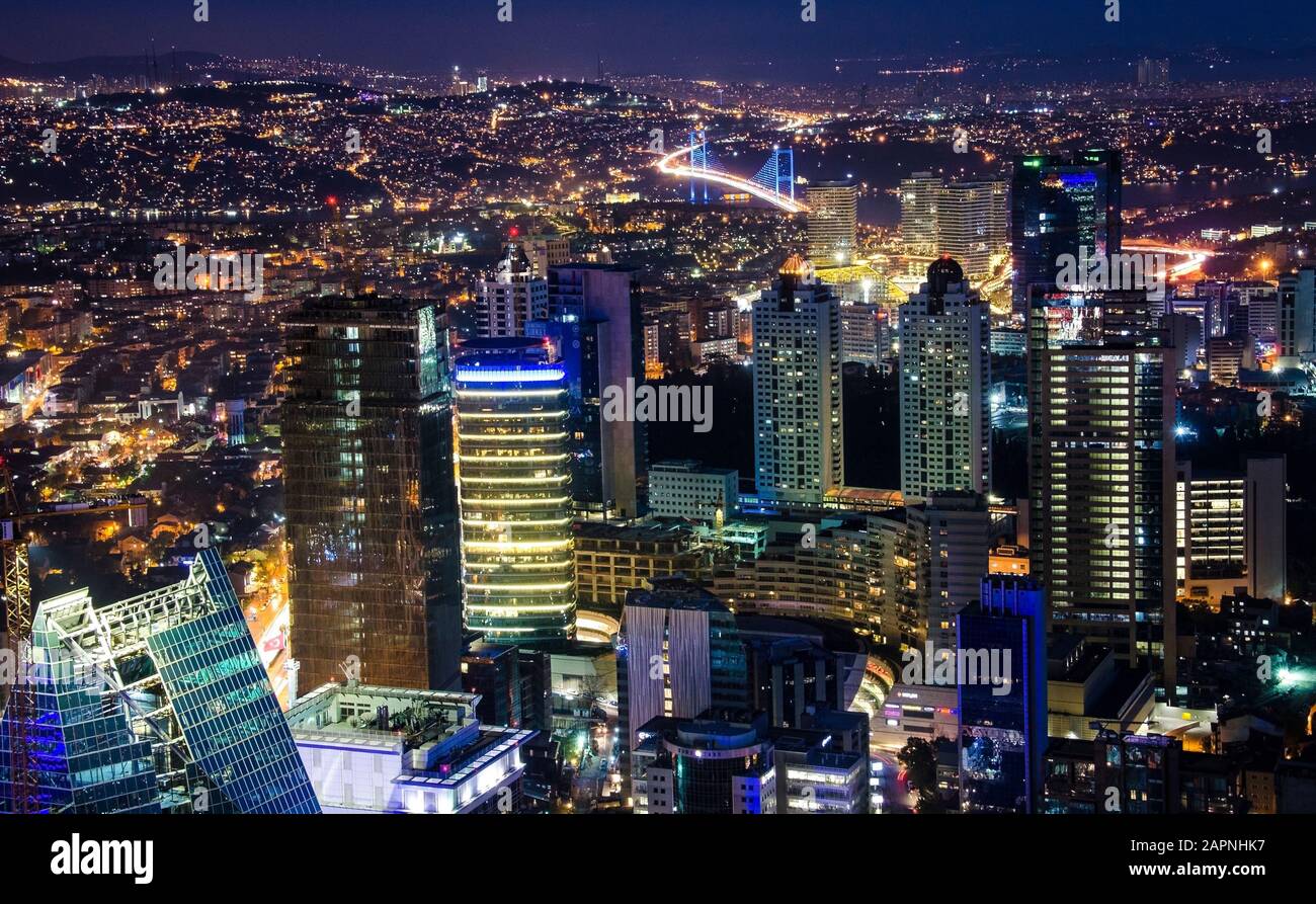 Aerial night panoramic view of business Istanbul, Turkey Stock Photo