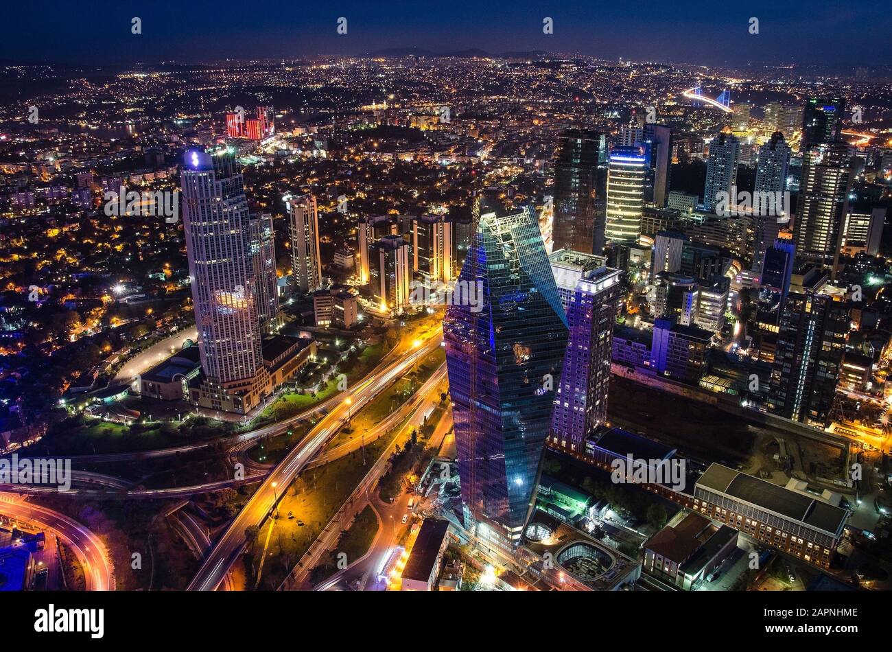 Aerial night panoramic view of business Istanbul, Turkey Stock Photo