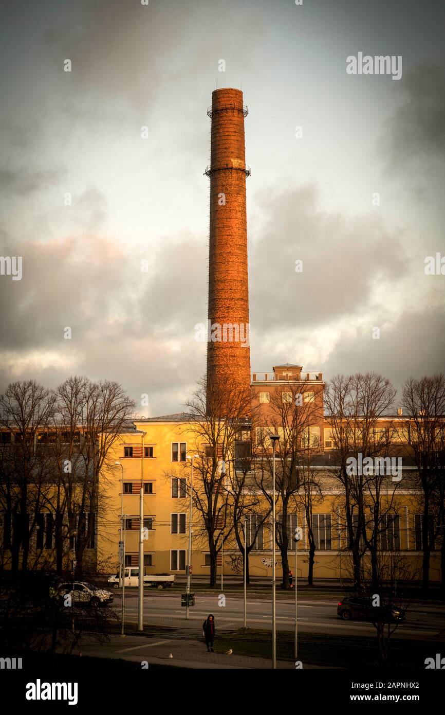 brick chimney of former Tallinn Power Plant, now the Tallinn Creative Hub or Culture Boiler (Kultuurikatel). Tallinn, Estonia Stock Photo