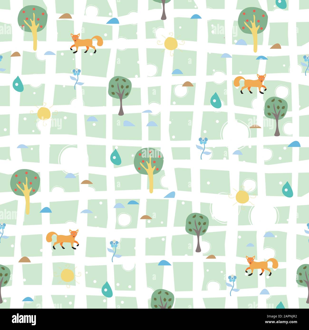Seamless Pattern with orange foxes and trees on green. Vector Illustration Stock Vector