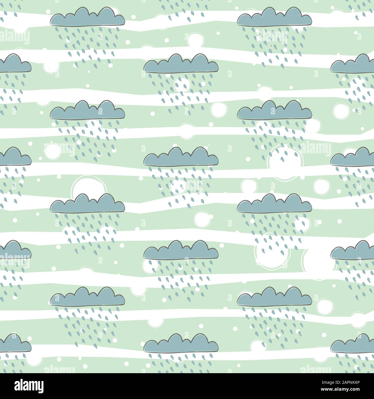 Seamless pattern with cute hand drawn clouds raining on white background. great for swatches, fabric, wall art, wrapping, nappy, etc. Vector Illustrat Stock Vector