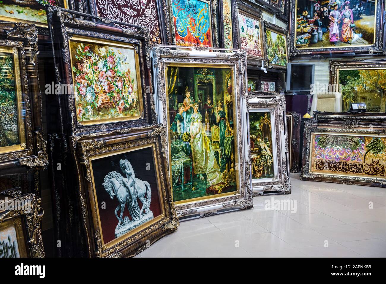 Persian paintings for sale on the old Bazaar of Kashan city, capital of Kashan County in Iran
