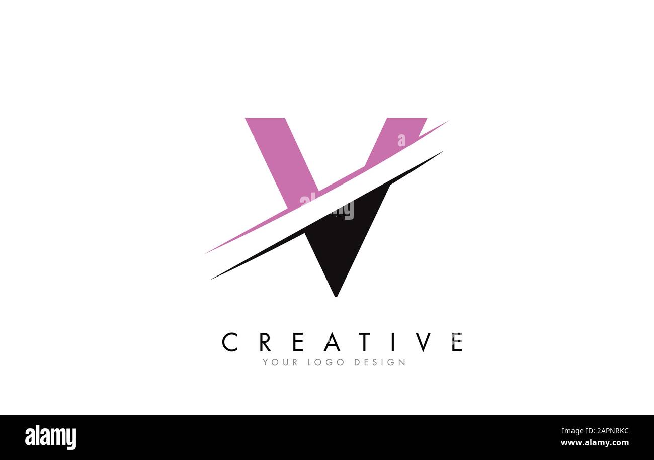 V Letter Logo Design With A Creative Cut And Pink Color Creative