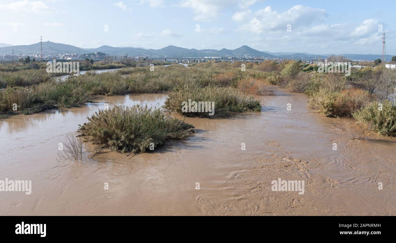 Flooded river, floods in the city, climate change, natural disaster Stock Photo