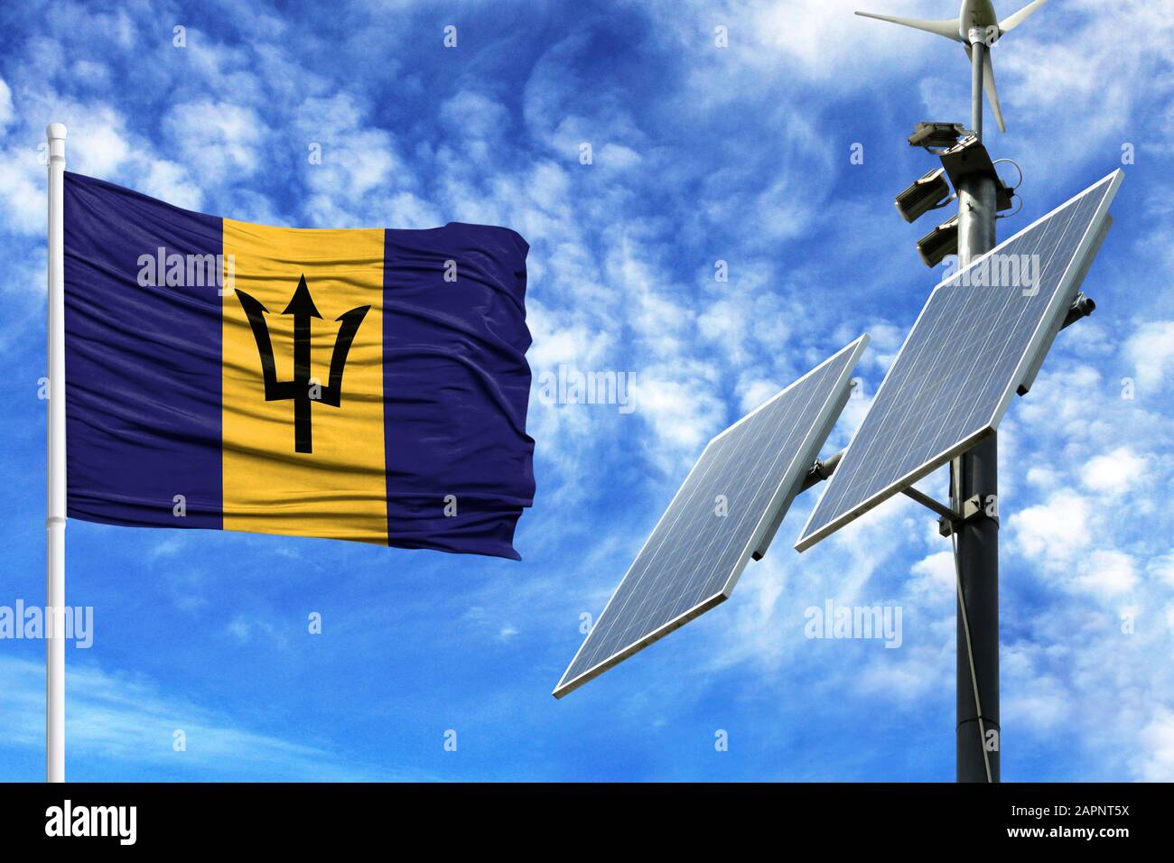 Solar panels on a background of blue sky with a flagpole and the flag