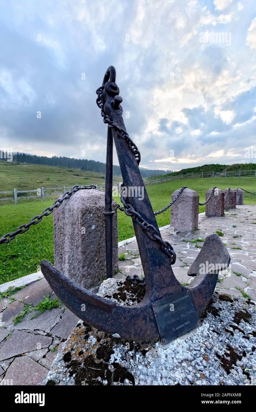 Anchor at Malga Zonta. Today it is a monument in memory of the Resistance against fascism. Coe Pass, Folgaria, Trentino, Italy. Stock Photo