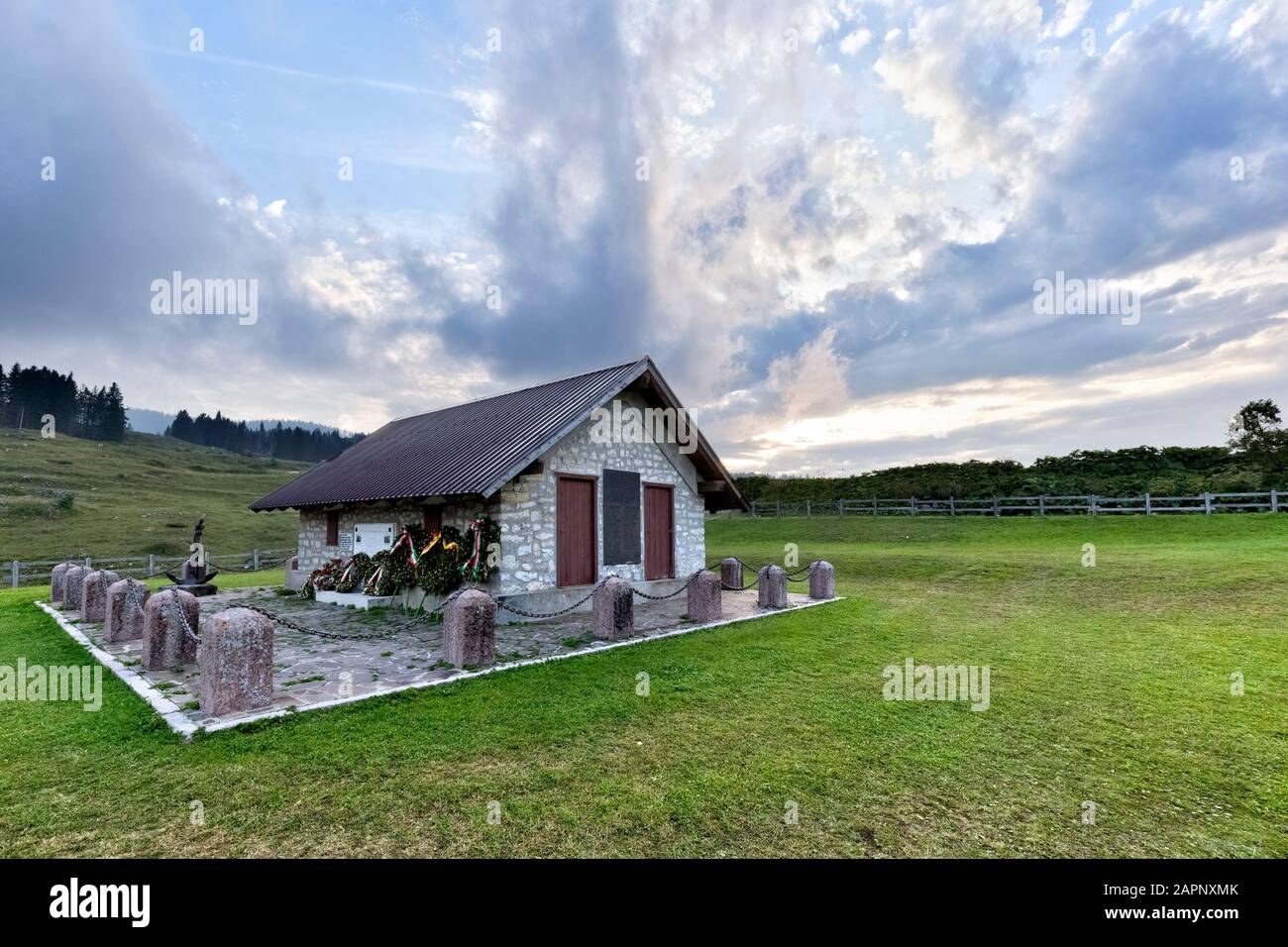 Malga Zonta was the site of the Nazi massacre of 12 August 1944. Today it is a monument in memory of the resistance against fascism. Folgaria, Italy. Stock Photo