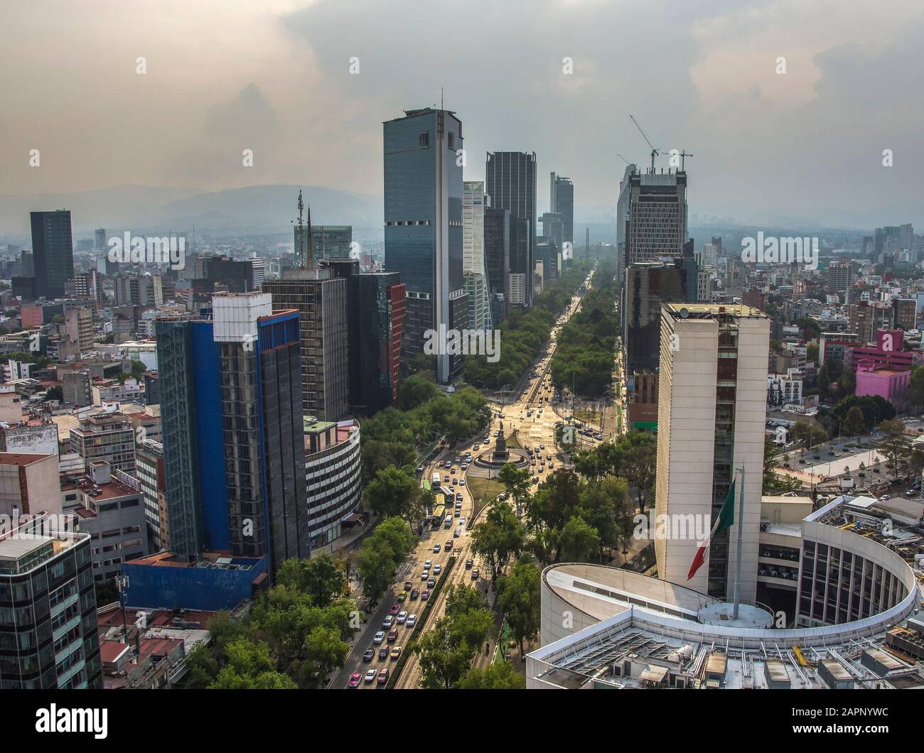 Skyline in Mexico City, view from the rooftop building. Paseo de la Reforma panoramic view Stock Photo